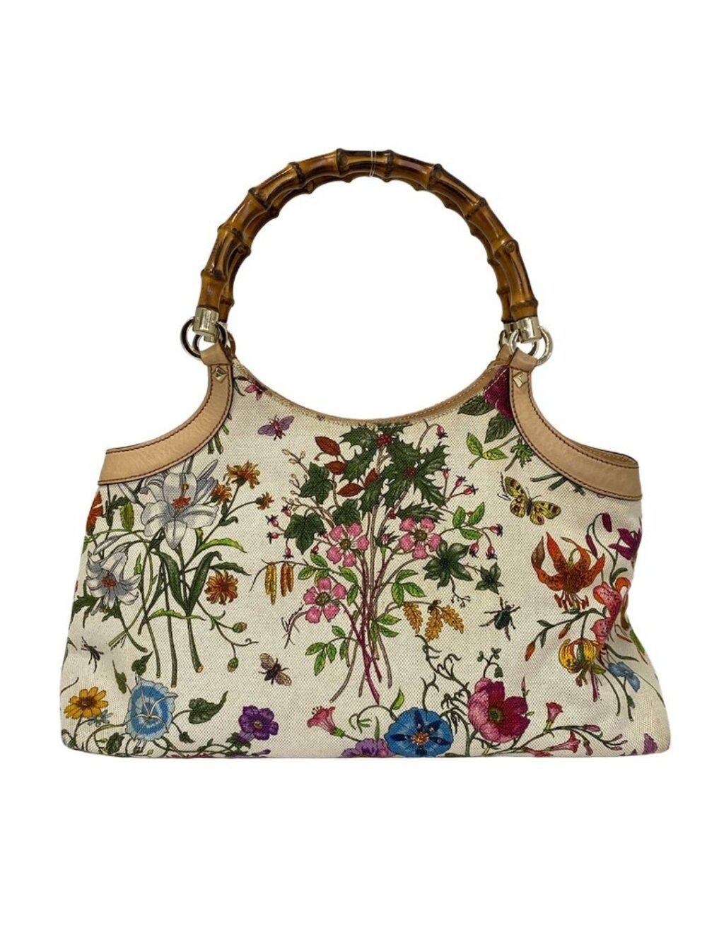 Gucci Tote Flora Bamboo Ivory Dark Green Multi Leather - Picture 3 of 11